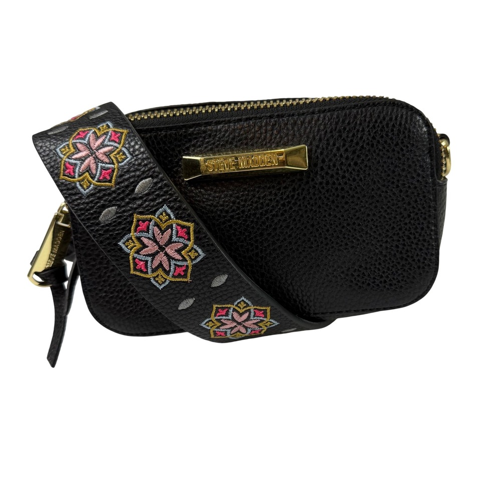 Steve Madden Black Pebbled Crossbody Bag with Embroidered Guitar Strap Gold Tone